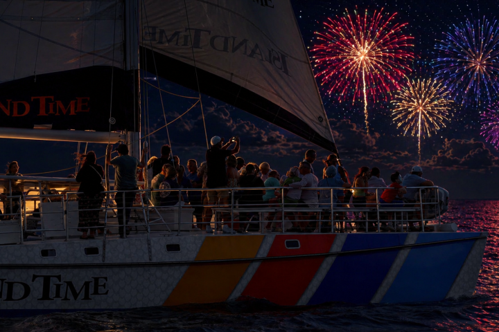 Sailing boat with passengers watching fireworks at night over the water.