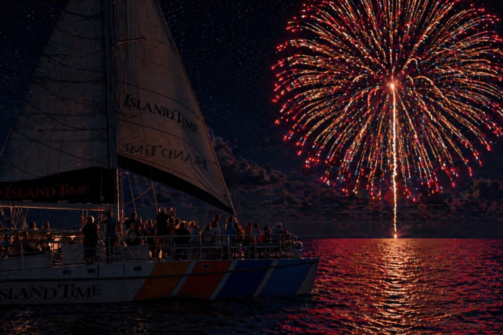 Sailboat under a colorful burst of fireworks at night on the water.