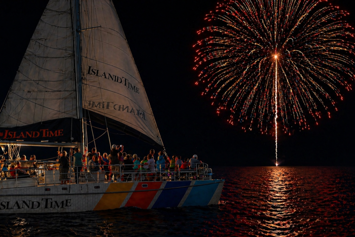 Large fireworks over water with sailboat named 'Island Time' and passengers on board.