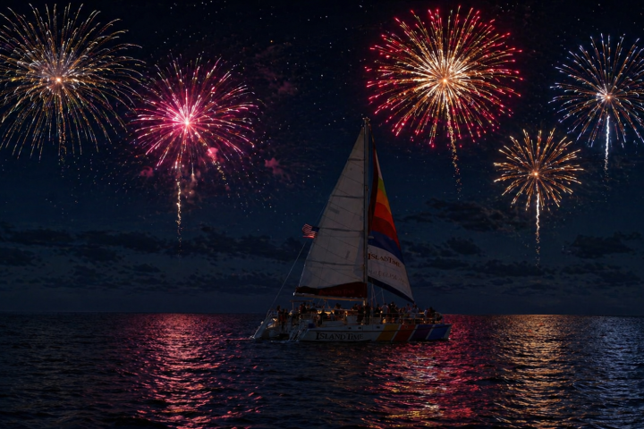 Sailboat on water under a night sky with colorful fireworks bursting overhead.