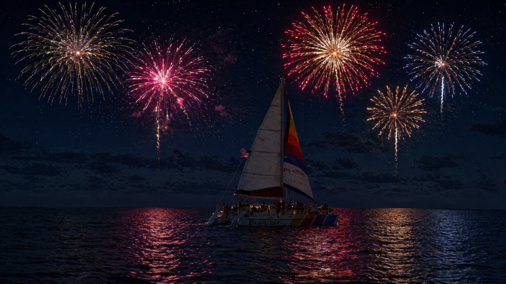 Sailboat on water under a night sky with colorful fireworks bursting overhead.