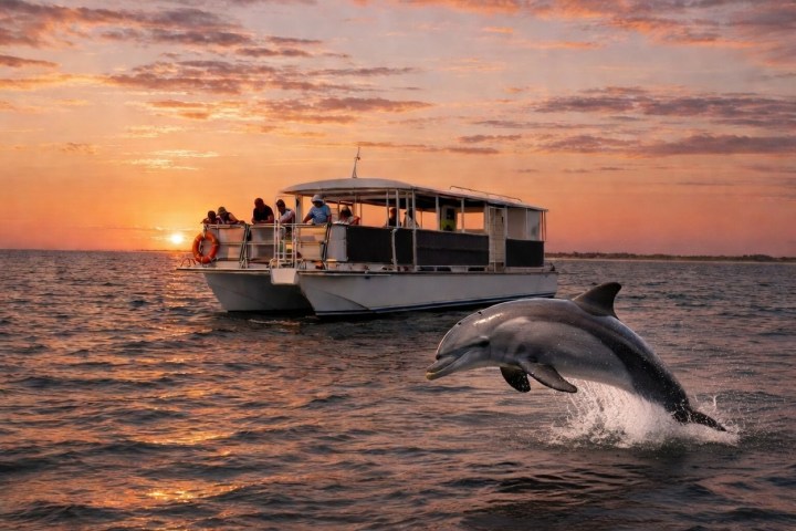 Dolphin leaping in front of a boat during a sunset on the ocean.