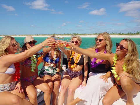 Group of women in swimsuits toasting on a boat, wearing leis, with ocean and beach in the background.