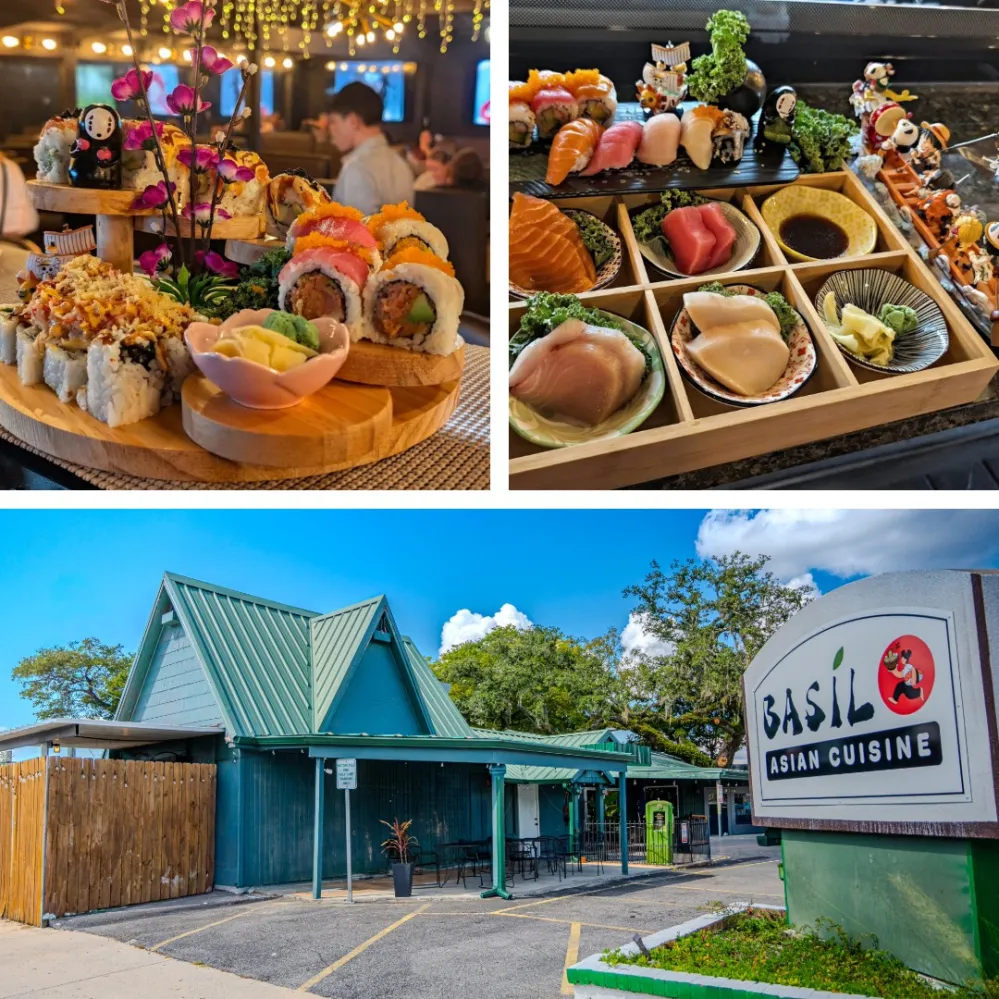 Sushi platters with variety and a view of Basil Asian Cuisine restaurant exterior.