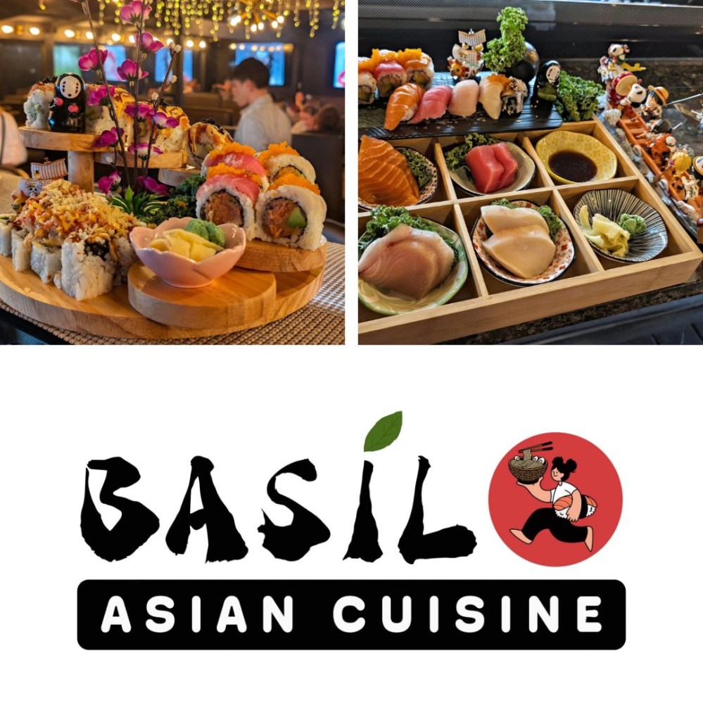 Collage of sushi platters and Basil Asian Cuisine logo with a chef illustration.