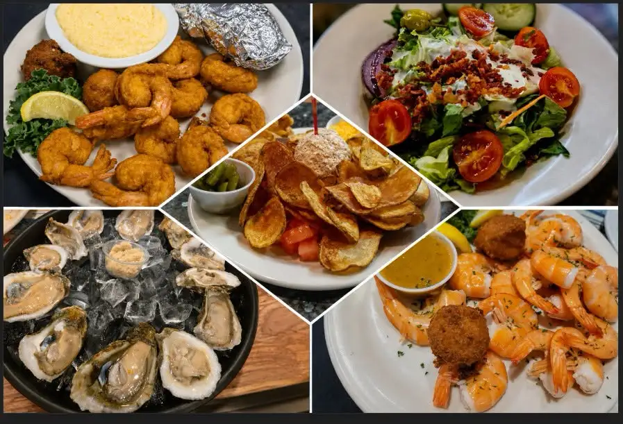 Collage of seafood dishes: fried shrimp, salad, oysters, potato chips, and shrimp skewers.