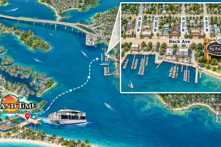 Illustrated map of Island Time with marina and streets near Beck Ave, St. Andrews, showing a boat route.