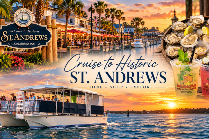 Collage of St. Andrews with boats, seafood, drinks, sunset, and a welcome sign.