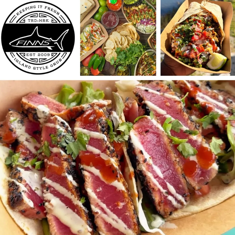 Collage of island-style dishes: steak salad, burrito, and tacos, with 'FINNS' brand logo.