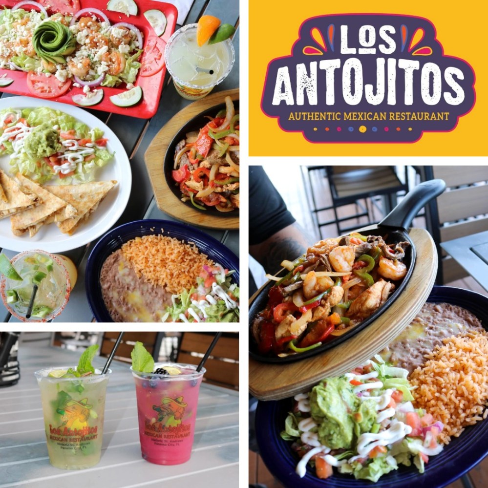 Collage of Mexican dishes, drinks, and 'Los Antojitos' sign.