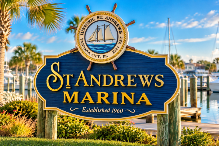 Sign for St. Andrews Marina with boats and palm trees in background.