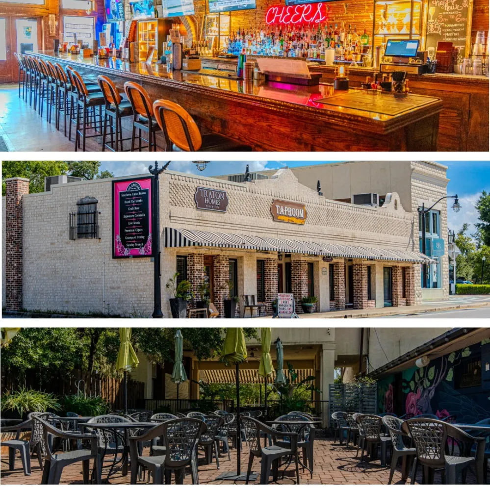 Collage: bar counter, brick storefront, outdoor seating at cafe.