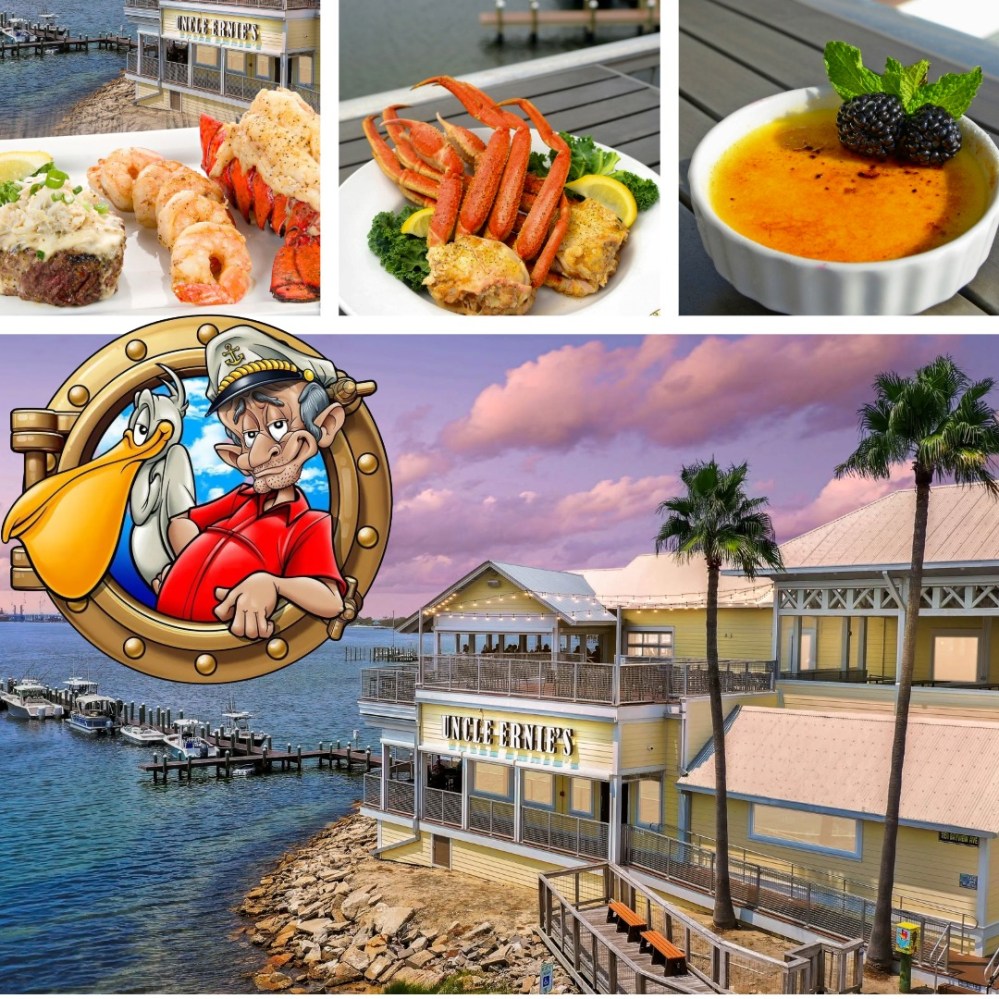 Collage of seafood dishes, restaurant exterior, and a cartoon sailor character.