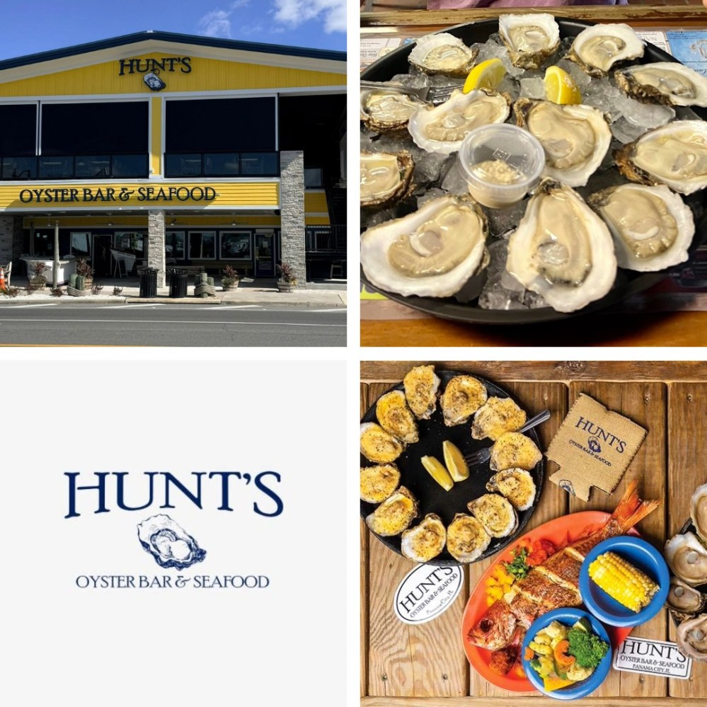 Collage: Oyster Bar exterior, oysters, logo, seafood platter with shrimp, corn, crab.